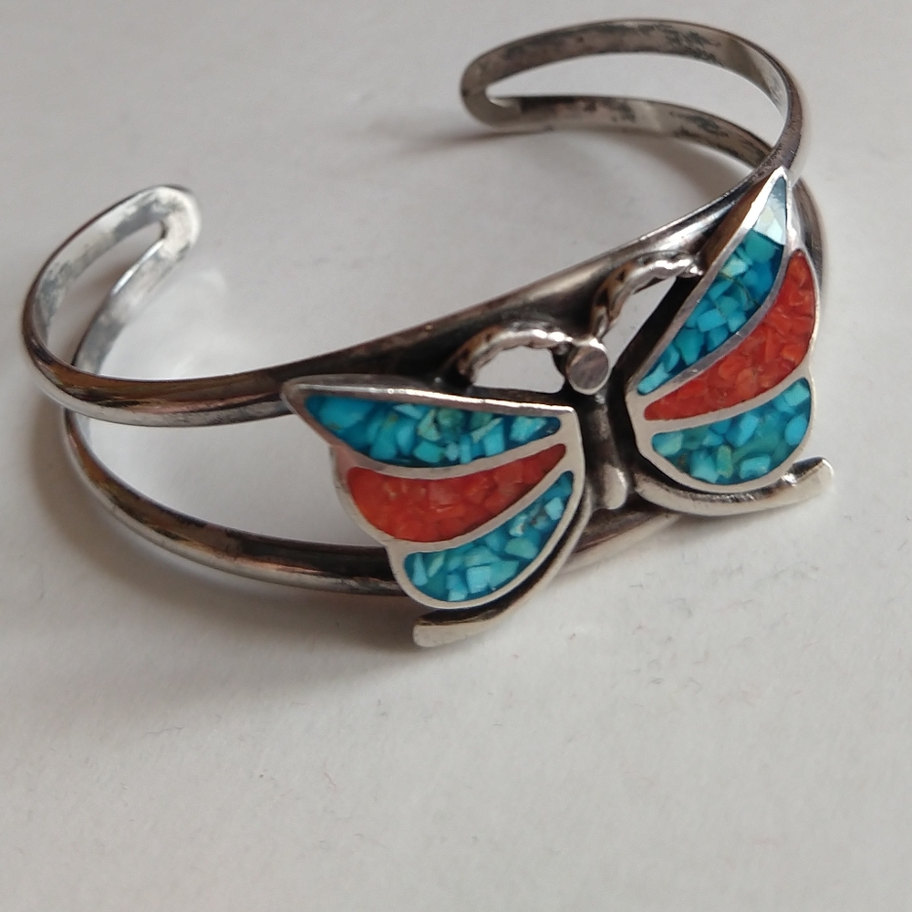 Native American turquoise coral chip butterfly cuff bracelet sterling silver 925